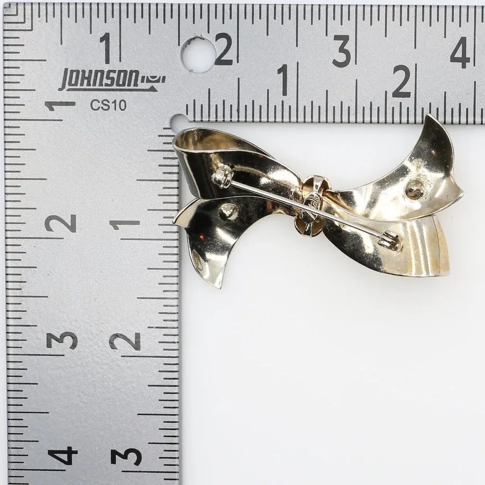 Vintage Natalie Art Moderne Silver Tone Bow Brooch With Orange Rhinestones 1940s